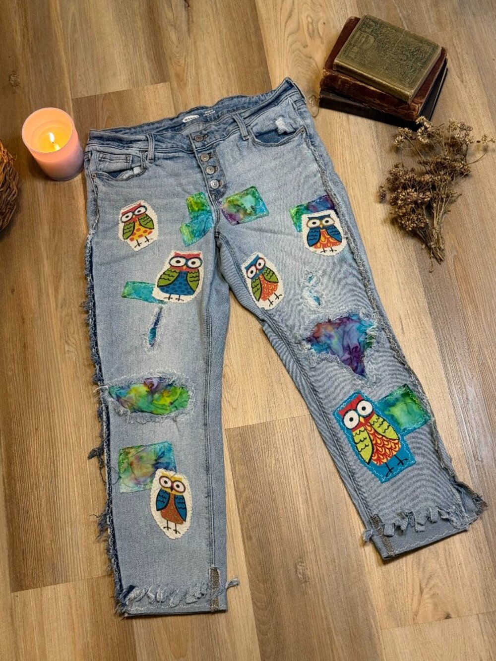 Upcycled Owl Patchwork Jeans | Wide Leg Denim, Visible Mending Art, Cropped Hem